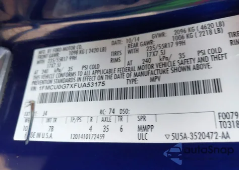 2015 Ford Escape Se z USA, uszkodzony, nr VIN 1FMCU0G7XFUA53175